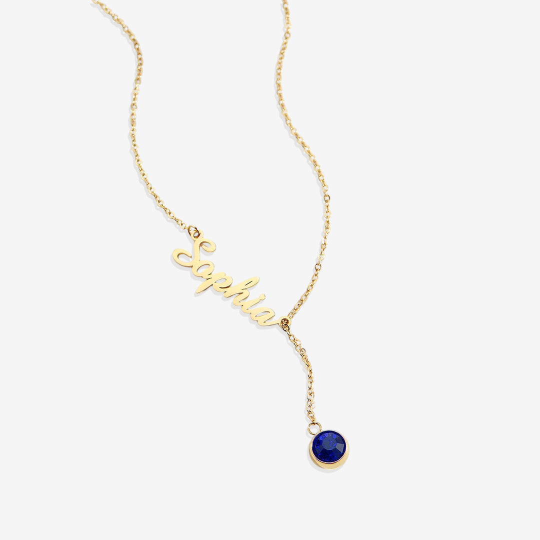 Collier Lariat avec pierre de naissance et nom