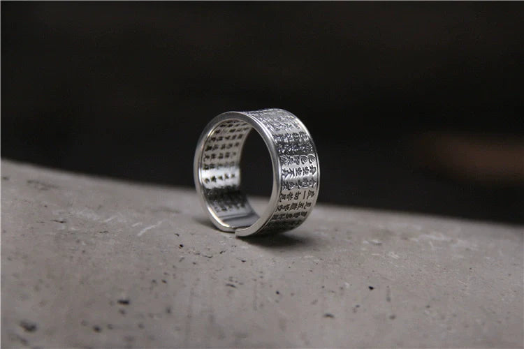 Pure Silver Heart Sutra Ring Women's Tibetan Body Protection Safety Opening Jewelry S999 Sterling Silver Retro Ring