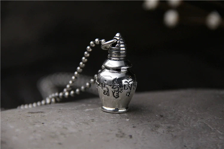 S925 Sterling Silver Six Characters Mantra Gawu Box Cinnabar Bottle Pendant