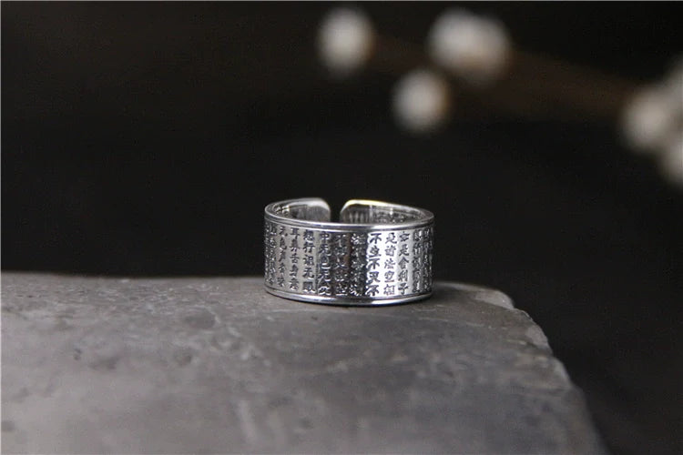 Pure Silver Heart Sutra Ring Women's Tibetan Body Protection Safety Opening Jewelry S999 Sterling Silver Retro Ring
