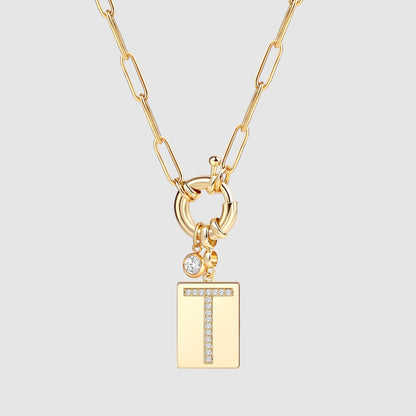 Collier pendentif initial pavé avec chaîne trombone