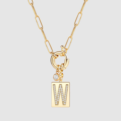 Collier pendentif initial pavé avec chaîne trombone