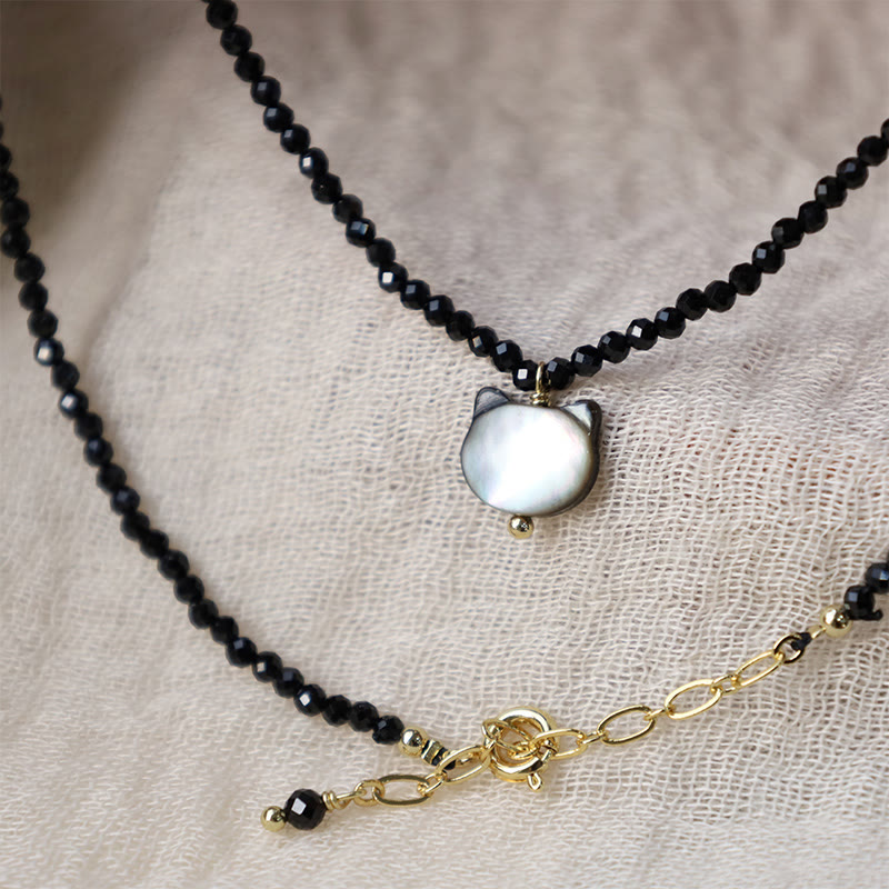 Collier ras du cou en spinelle noir avec pierres de Bouddha et motif chat mignon 