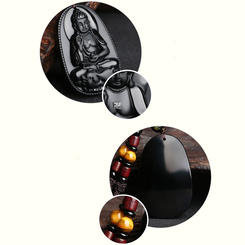 Collier pendentif en obsidienne noire naturelle avec pierres de Bouddha et zodiaque chinois