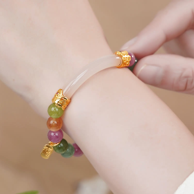 Buddha Stones Buntes Turmalin-Chalcedon-Charm-Armband mit positivem Fu-Charakter 