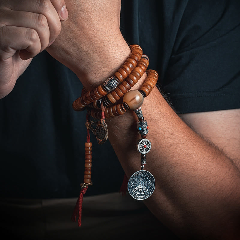 Buddha Stones Tibetische 108 Mala-Perlen Yak-Knochen Dzi-Perle Neun Paläste Acht Diagramme Charm-Stärke-Armband 