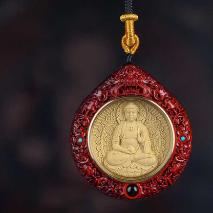 Buddha Stones Chinese Zodiac Avalokitesvara Small Leaf Red Sandalwood Ebony Longevity Necklace Pendant