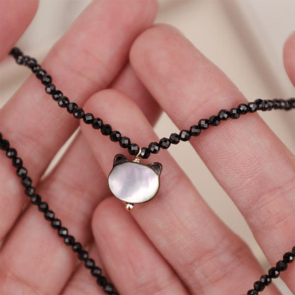 Collier ras du cou en spinelle noir avec pierres de Bouddha et motif chat mignon 