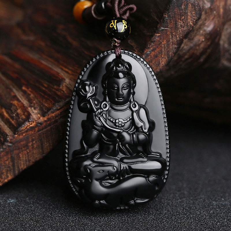 Collier pendentif en obsidienne noire naturelle avec pierres de Bouddha et zodiaque chinois