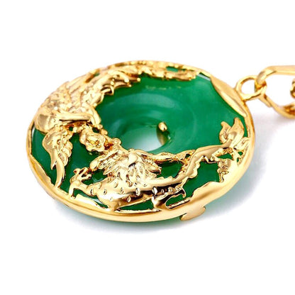 Auspicious Dragon & Phoenix Jade Gold Necklace