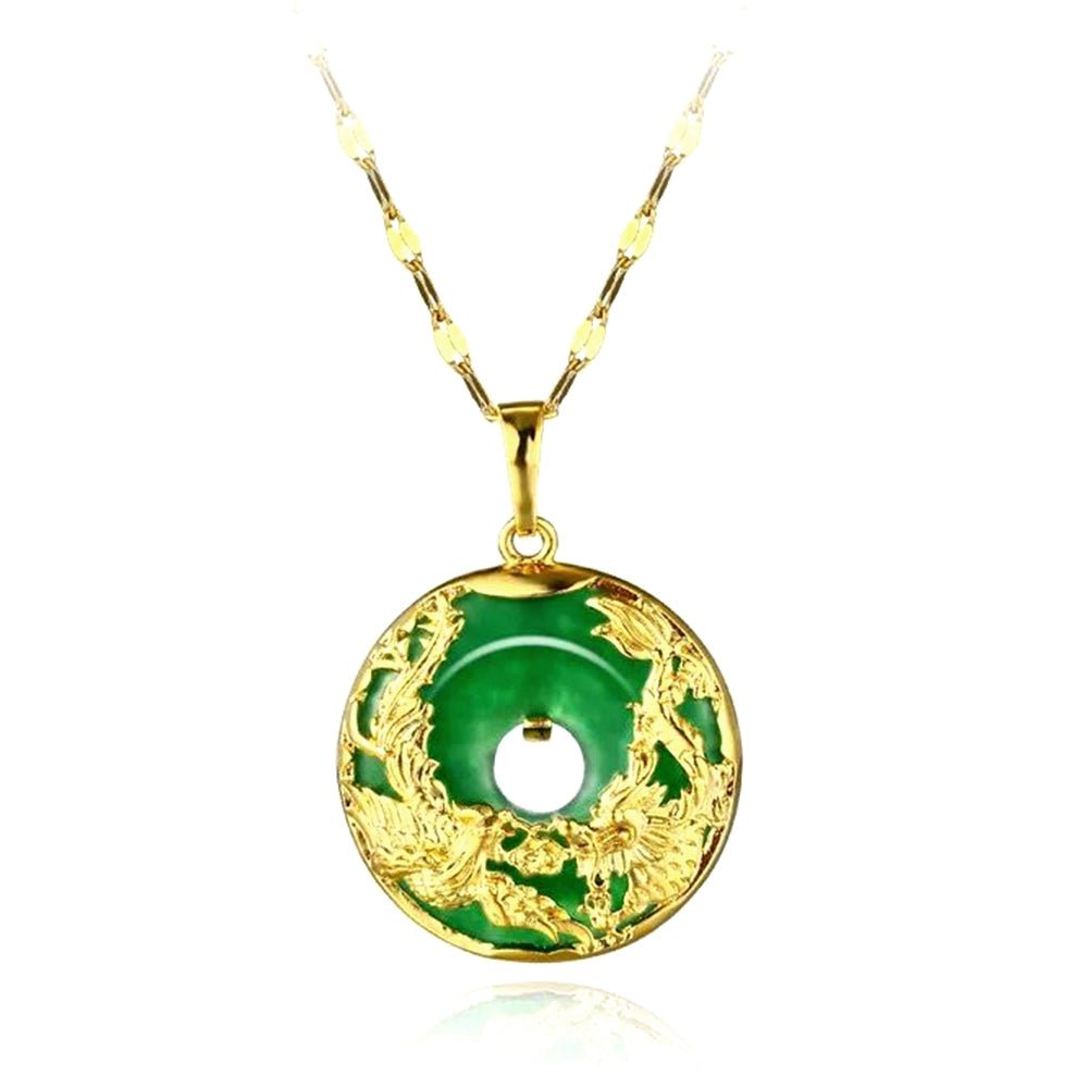 Auspicious Dragon & Phoenix Jade Gold Necklace