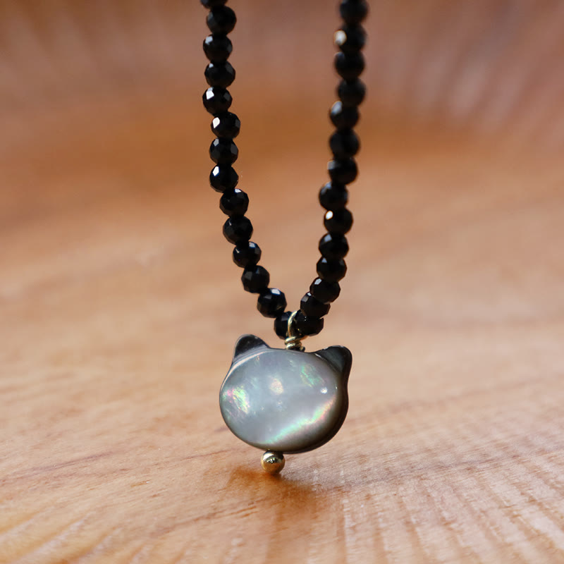 Collier ras du cou en spinelle noir avec pierres de Bouddha et motif chat mignon 