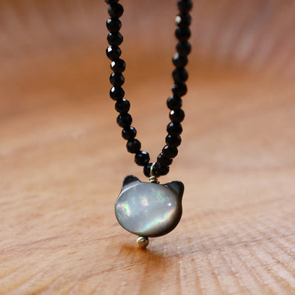 Collier ras du cou en spinelle noir avec pierres de Bouddha et motif chat mignon 