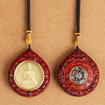Buddha Stones Chinese Zodiac Avalokitesvara Small Leaf Red Sandalwood Ebony Longevity Necklace Pendant
