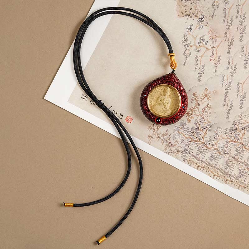 Buddha Stones Chinese Zodiac Avalokitesvara Small Leaf Red Sandalwood Ebony Longevity Necklace Pendant