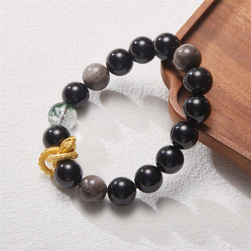 Bracelet de protection fantôme vert dragon en obsidienne naturelle argentée et brillante de Bouddha Stones 