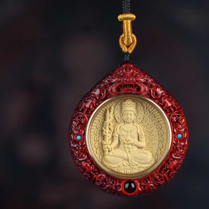 Buddha Stones Chinese Zodiac Avalokitesvara Small Leaf Red Sandalwood Ebony Longevity Necklace Pendant