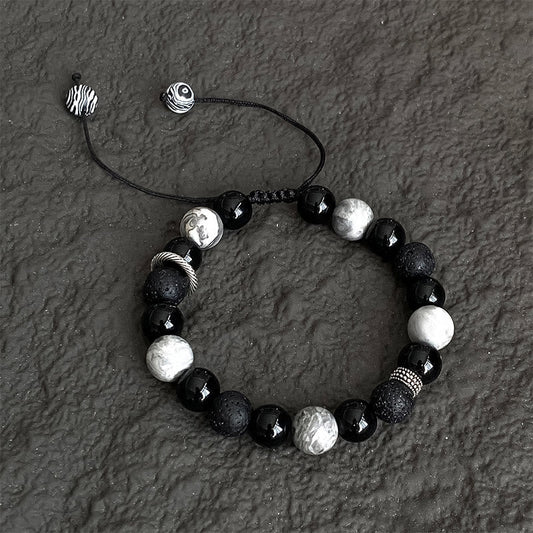 Buddha Stones Vintage Lava Rock Black Obsidian Picasso Jasper Beads Support Rope Bracelet