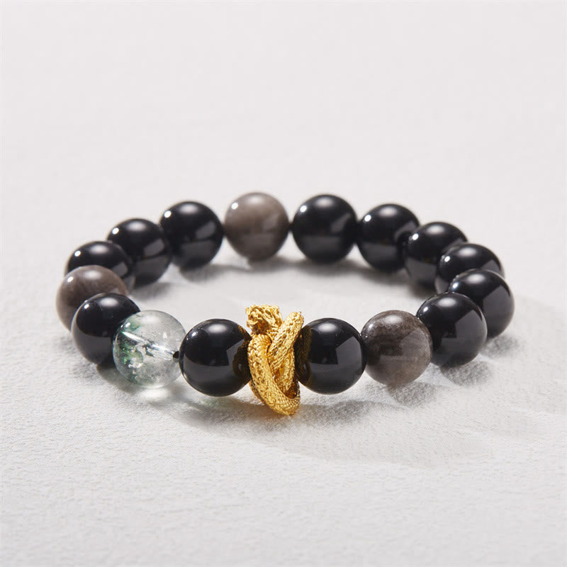 Bracelet de protection fantôme vert dragon en obsidienne naturelle argentée et brillante de Bouddha Stones 