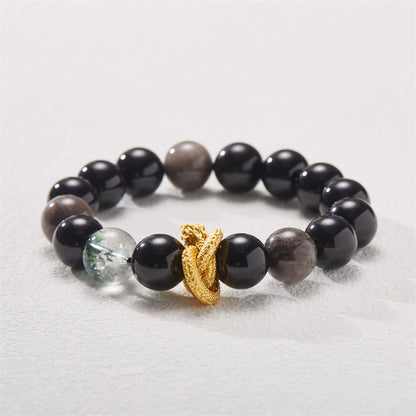 Bracelet de protection fantôme vert dragon en obsidienne naturelle argentée et brillante de Bouddha Stones 