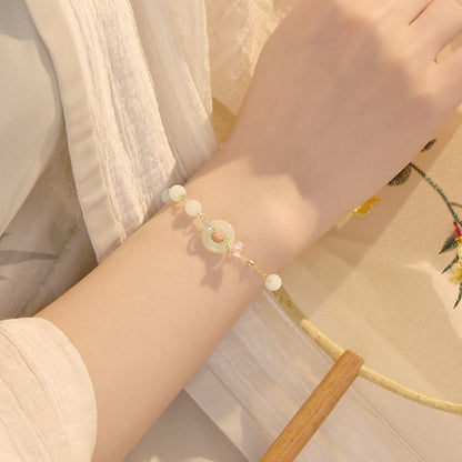 Buddha Stones 925 Sterling Silver Natural Hetian Jade Peace Buckle Orchid Luck Bracelet Necklace Pendant Set