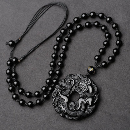 Collier pendentif en obsidienne noire naturelle avec boucle de paix et purification Pixiu 