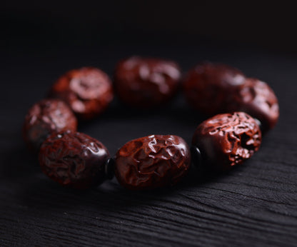 Handmade Red Sandalwood Carved Red Date Beads Bracelet