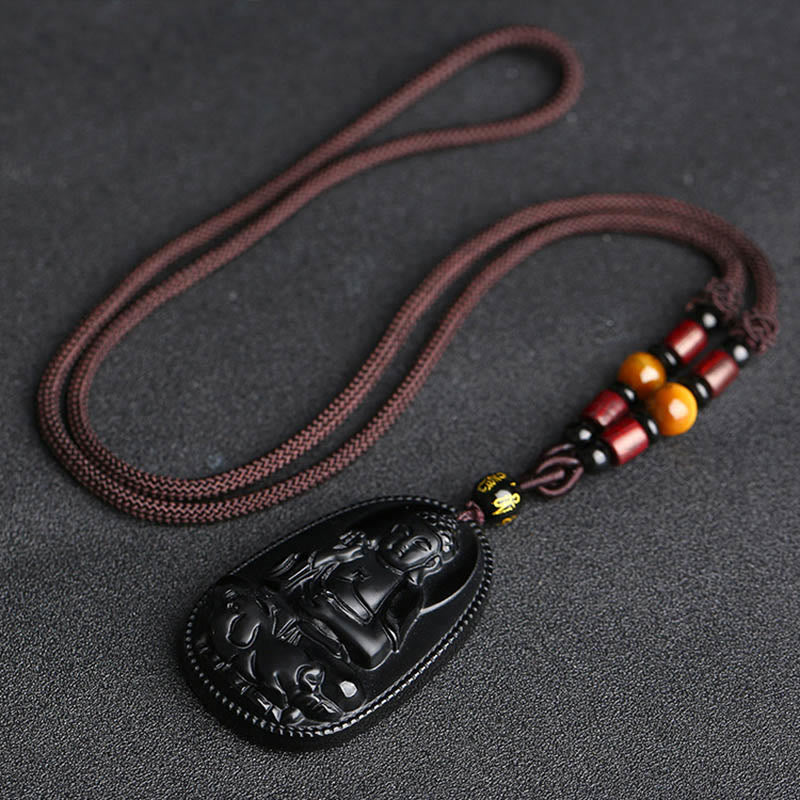 Collier pendentif en obsidienne noire naturelle avec pierres de Bouddha et zodiaque chinois