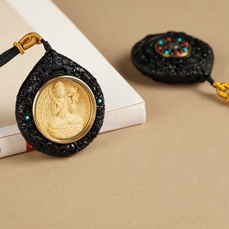 Buddha Stones Chinese Zodiac Avalokitesvara Small Leaf Red Sandalwood Ebony Longevity Necklace Pendant