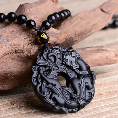 Collier pendentif en obsidienne noire naturelle avec boucle de paix et purification Pixiu 