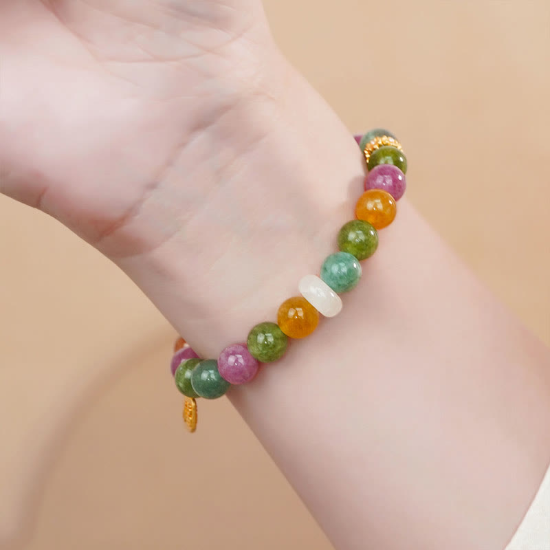 Buddha Stones Buntes Turmalin-Chalcedon-Charm-Armband mit positivem Fu-Charakter 