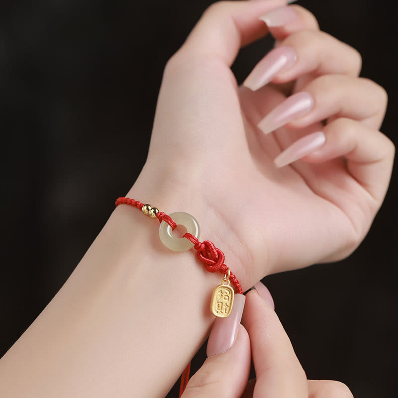 Buddha Stones Hetian Jade Peace Buckle Fu Character String Glücksarmband