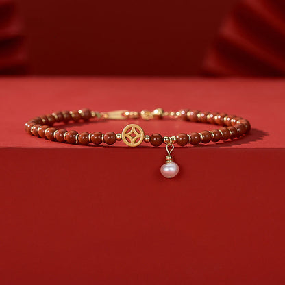 Buddha Stones 14K Gold Plated Copper Red Agate Copper Coin Confidence Bracelet