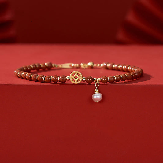 Buddha Stones 14K Gold Plated Copper Red Agate Copper Coin Confidence Bracelet