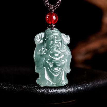 Buddha Stones Natural Green Jade Chinese God of Wealth Caishen Ingot Abundance Necklace Pendant