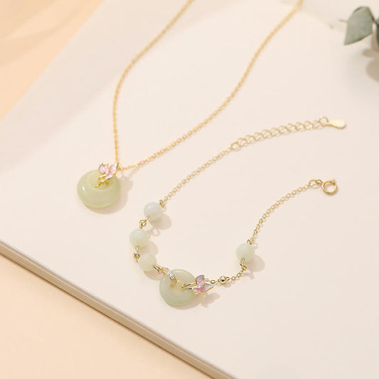Buddha Stones 925 Sterling Silver Natural Hetian Jade Peace Buckle Orchid Luck Bracelet Necklace Pendant Set