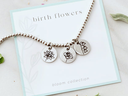 Birth Flower Beaded Bracelet | 13mm Discs