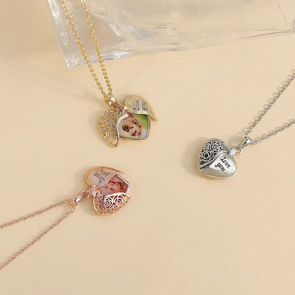 Collier photo personnalisé en forme de cœur creux caché