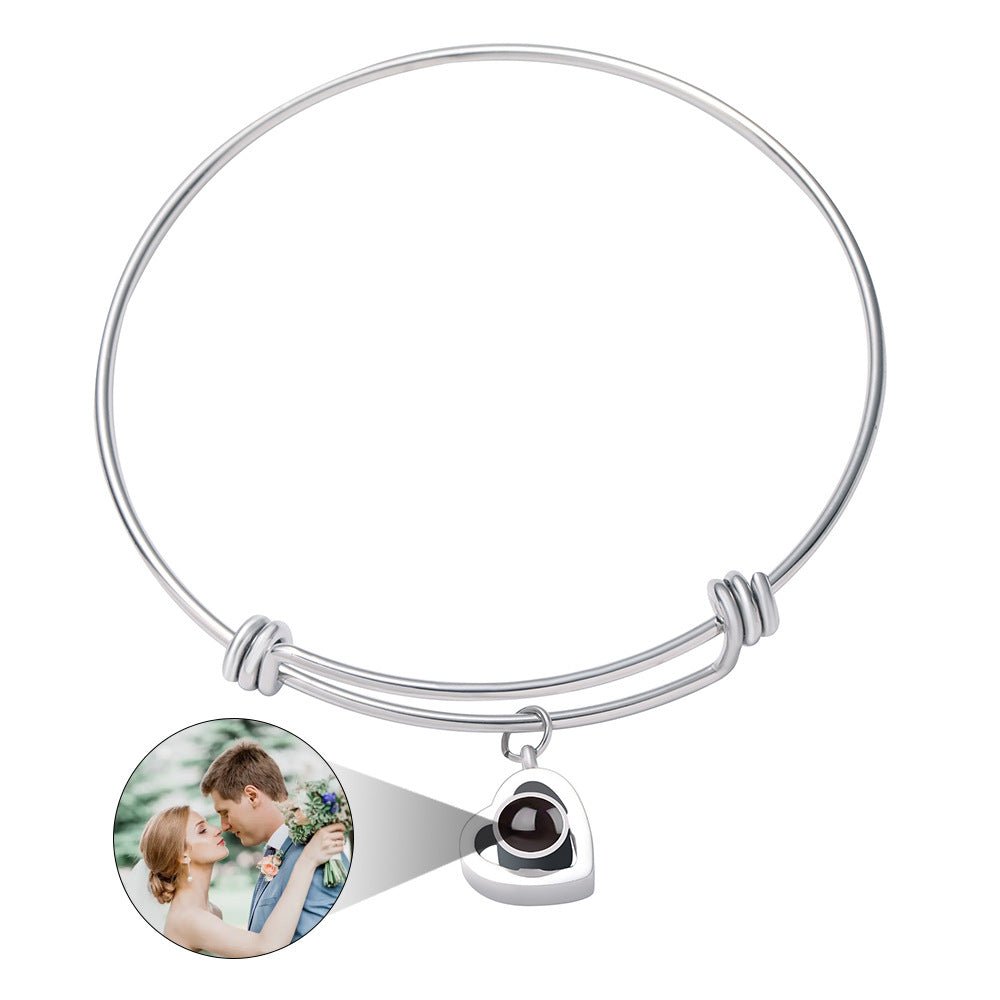Bracelet réglable personnalisé avec projection de photo cachée en forme de cœur et zircon 