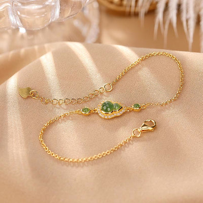 Buddha Stones 925 Sterling Silver Plated Gold Natural Hetian Cyan Jade Gourd Luck Bracelet Ring Set