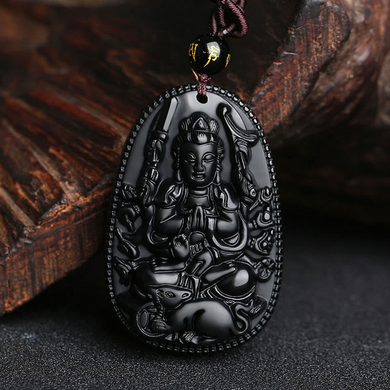 Collier pendentif en obsidienne noire naturelle avec pierres de Bouddha et zodiaque chinois