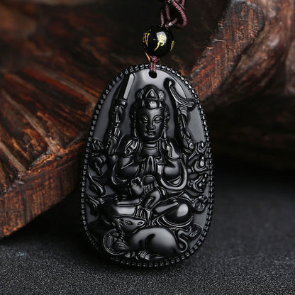 Collier pendentif en obsidienne noire naturelle avec pierres de Bouddha et zodiaque chinois