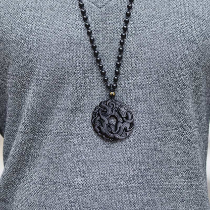 Collier pendentif en obsidienne noire naturelle avec boucle de paix et purification Pixiu 