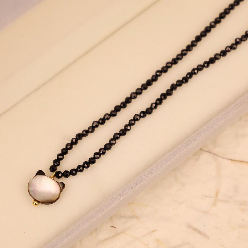 Collier ras du cou en spinelle noir avec pierres de Bouddha et motif chat mignon 