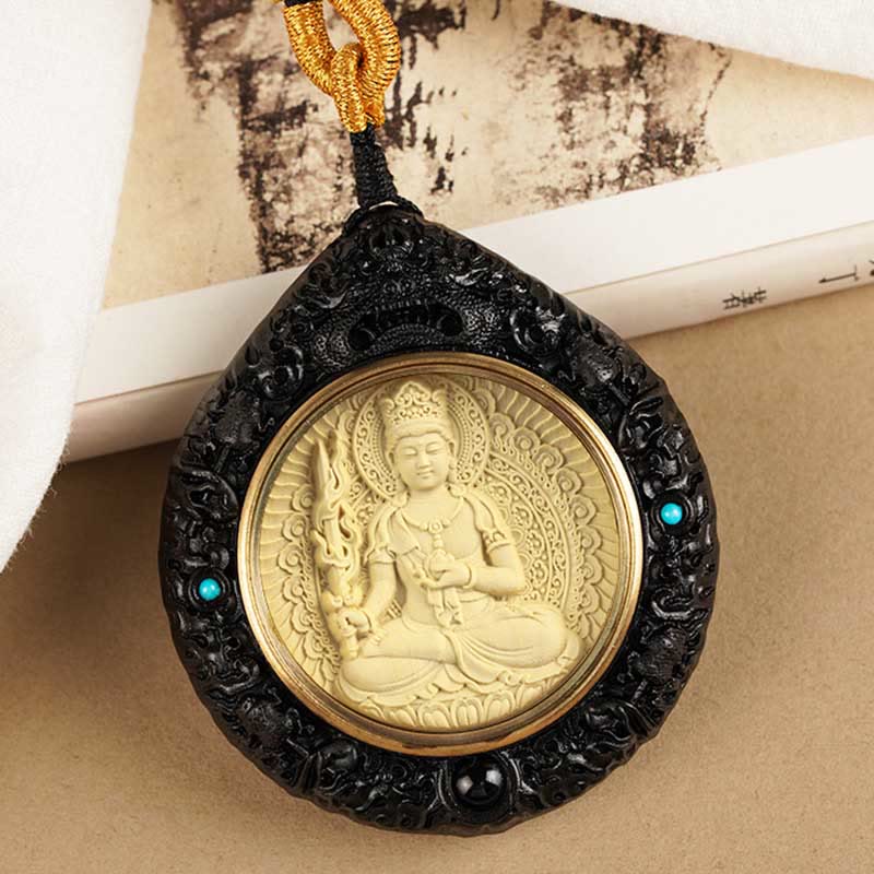 Buddha Stones Chinese Zodiac Avalokitesvara Small Leaf Red Sandalwood Ebony Longevity Necklace Pendant