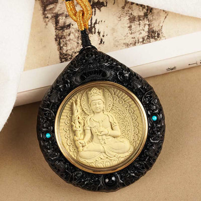 Buddha Stones Chinese Zodiac Avalokitesvara Small Leaf Red Sandalwood Ebony Longevity Necklace Pendant