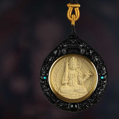 Buddha Stones Chinese Zodiac Avalokitesvara Small Leaf Red Sandalwood Ebony Longevity Necklace Pendant