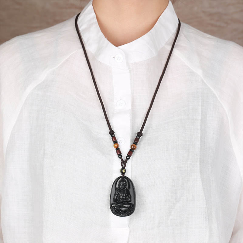 Collier pendentif en obsidienne noire naturelle avec pierres de Bouddha et zodiaque chinois