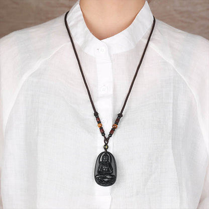 Collier pendentif en obsidienne noire naturelle avec pierres de Bouddha et zodiaque chinois