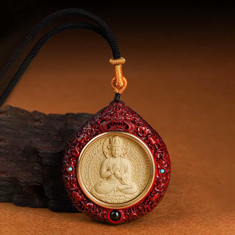 Buddha Stones Chinese Zodiac Avalokitesvara Small Leaf Red Sandalwood Ebony Longevity Necklace Pendant